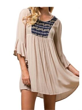 NFINITY Cream Dress with Navy Embroidered Yoke